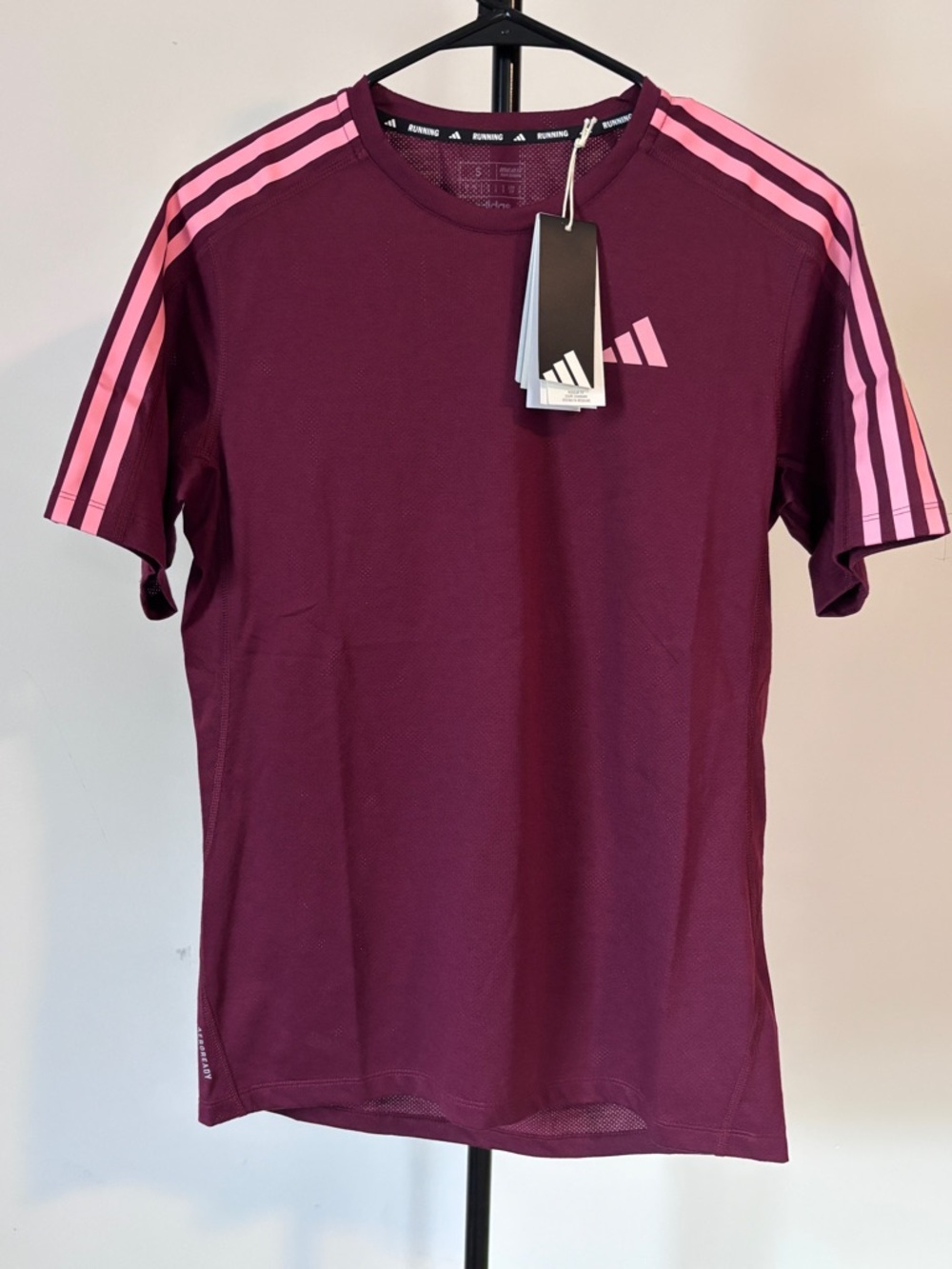 adidas Men's Burgundy Short Sleeve Running Shirt with Pink Stripes